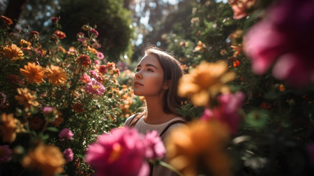 Portrait of a beautiful girl in a flower garden on a sunny dayの素材