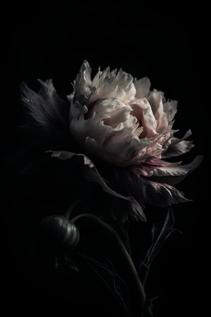 beautiful peony flower on a black background, monochromeの素材