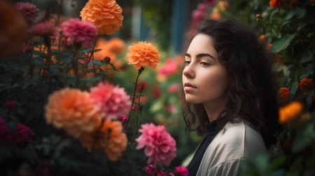 Portrait of a beautiful young woman with dahlias in the gardenの素材