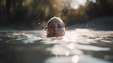 Beautiful young woman swimming in the water in the forest at sunsetの素材