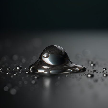 Water drop with reflection on black background. 3d render illustration.の素材