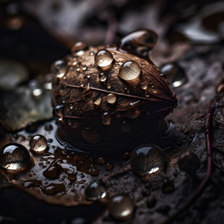 Water drops on a chocolate cake. Dark background. Toned.の素材