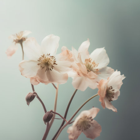 Vintage spring flowers on blue background. Retro toned image.の素材