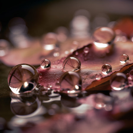 Water drops on a red leaf. Shallow depth of field.の素材
