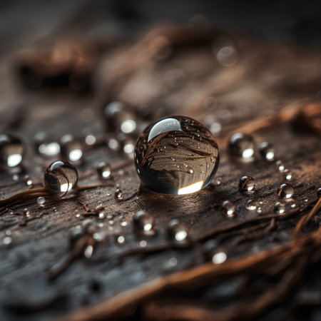 Water drops on glass sphere. Water droplets on wooden background.の素材