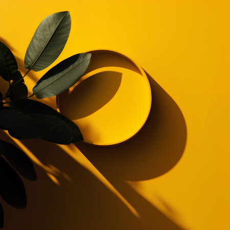 Creative layout made of green leaves on yellow background. Minimal summer concept. Flat lay, top view.の素材