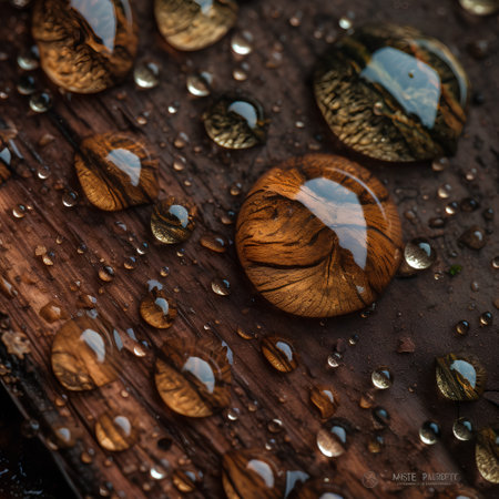 Macro photo of water drops on wooden background. Selective focus.の素材