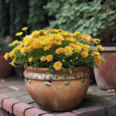 Yellow chrysanthemum flowers in a clay pot on the terraceの素材
