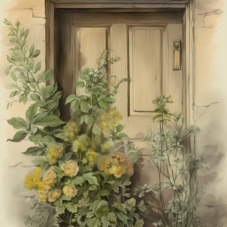 Vintage drawing of a door with a bunch of wildflowersの素材