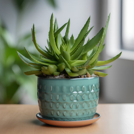 Succulent plant in a pot on a wooden table in the roomの素材