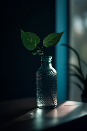 Small green plant in a glass vase on a dark background.の素材