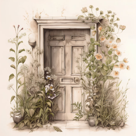 Watercolor illustration of a wooden door in the garden with flowers.の素材