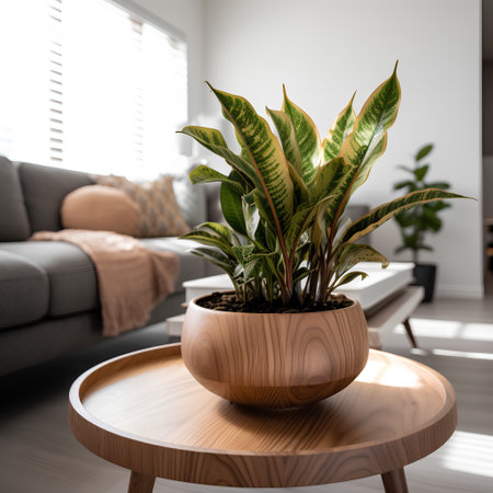 Houseplant in a wooden pot on a coffee table in the living roomの素材