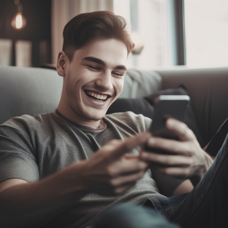 Young man is using smartphone and smiling while sitting on sofa at homeの素材