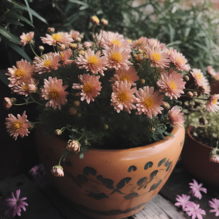 Pink chrysanthemum flowers in a clay pot on a wooden tableの素材
