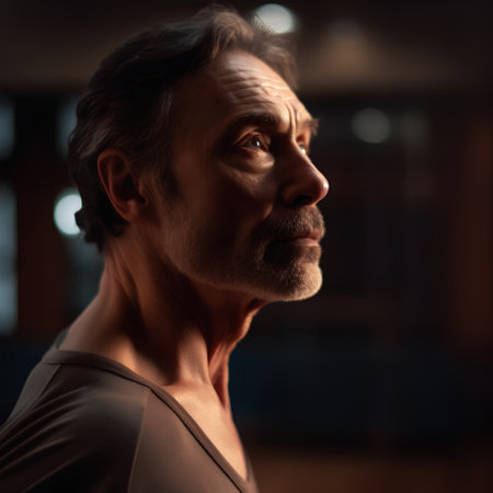 Portrait of a senior man in a dark room. Selective focus.の素材