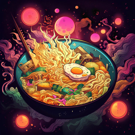 Ramen noodle in bowl with fried egg. Vector illustration.の素材