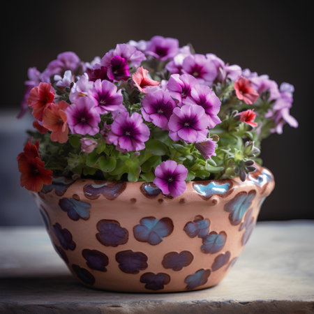 Colorful flowers in a ceramic pot on a wooden background. Selective focus.の素材