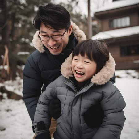 Happy Asian father and his son having fun in winter forest. Father's day concept.の素材