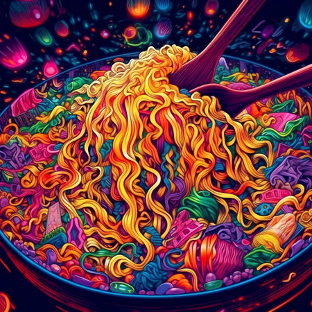 Illustration of a bowl of noodle soup with a wooden spoonの素材