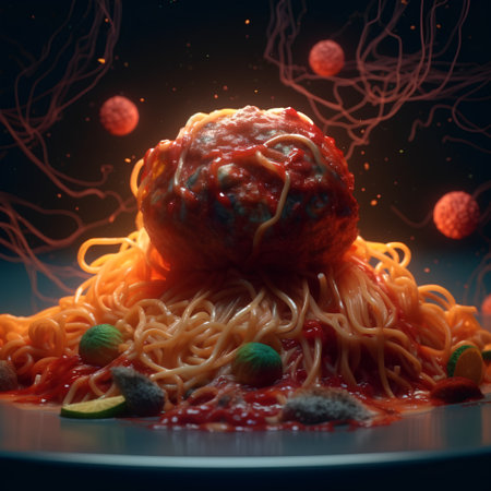 Spaghetti with tomato sauce and meatballs, 3d illustration.の素材