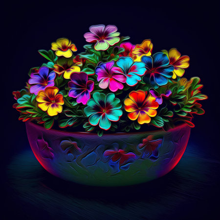 Colorful pansy flowers in pot on dark background. Vector illustration.の素材