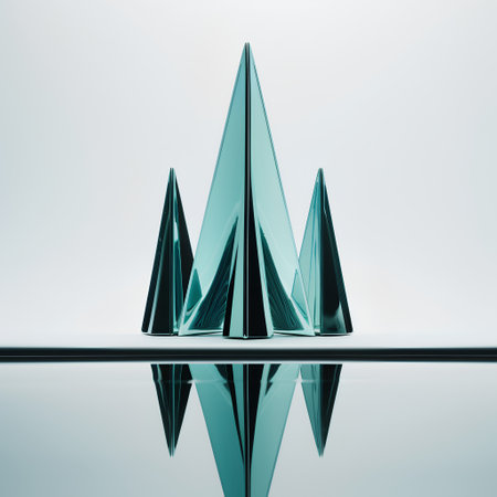 Abstract 3d render of glass pyramid with reflection on water surface.の素材