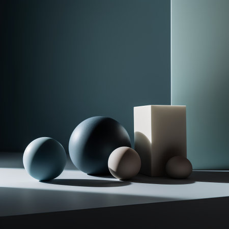 3d render of modern geometrical composition with balls and podiumの素材