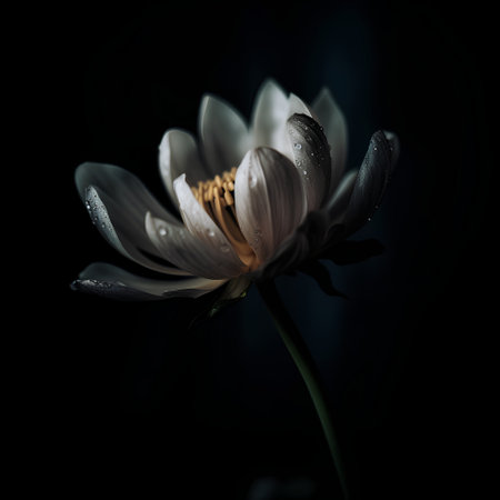 White lotus flower with water drops on the petals isolated on black backgroundの素材