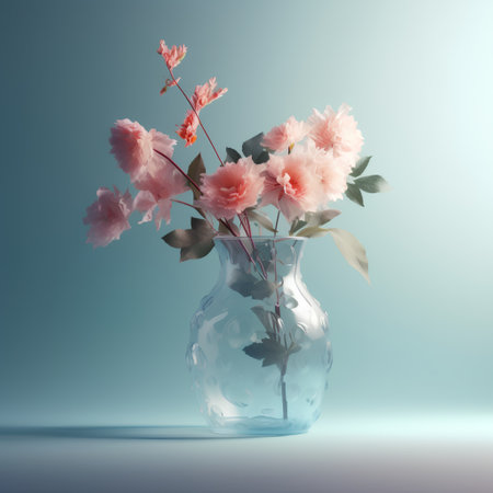 Bouquet of pink peonies in vase on blue backgroundの素材
