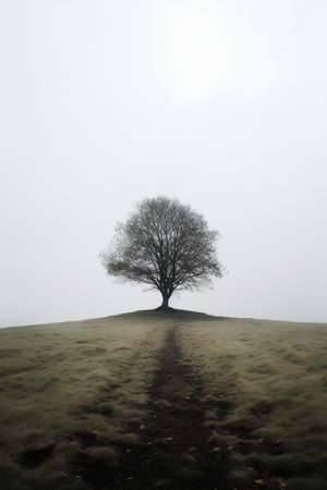 Lonely tree on the hillside in a foggy dayの素材