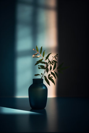 Vase with green plant in dark room. Minimal style.の素材