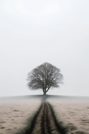 Single tree in the middle of a field on a foggy dayの素材