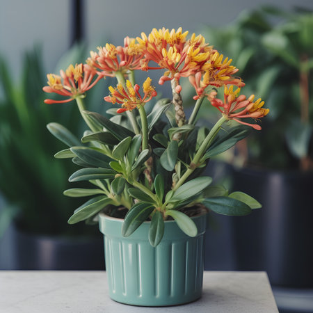 Beautiful succulent plant in a pot on a white table.の素材