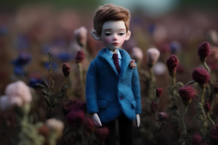 Funny doll in the garden with flowers in the background, shallow depth of fieldの素材