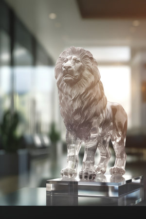 Lion statue in the lobby of a modern hotel. 3d renderingの素材