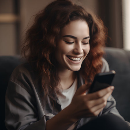 Smiling young woman using mobile phone while sitting in armchair at homeの素材