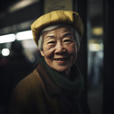 Portrait of an elderly asian woman at the train station.の素材