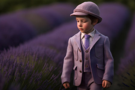 Little boy in a lavender field. 3D rendering. Fantasy.の素材