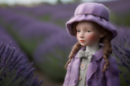 Doll in lavender field, shallow depth of field with copy spaceの素材