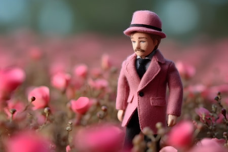 miniature man in a pink flower garden, shallow depth of fieldの素材