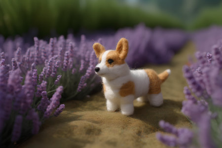 Welsh Corgi puppy in lavender field, selective focusの素材