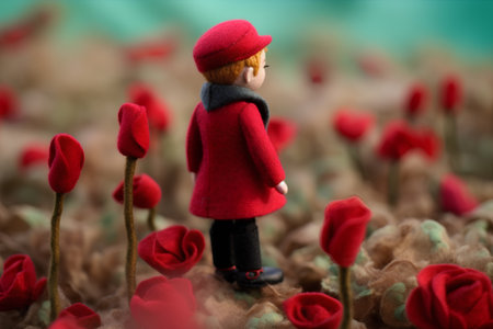 Miniature people wearing red coat and hat standing in the flower gardenの素材