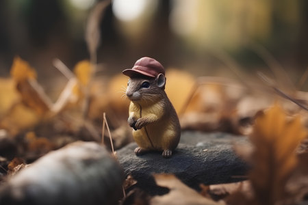 Squirrel in a hat standing on a rock in the autumn forestの素材