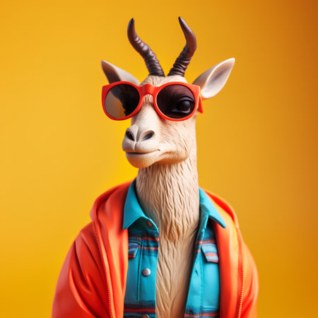 Funny llama wearing red sunglasses and coat on yellow background.の素材