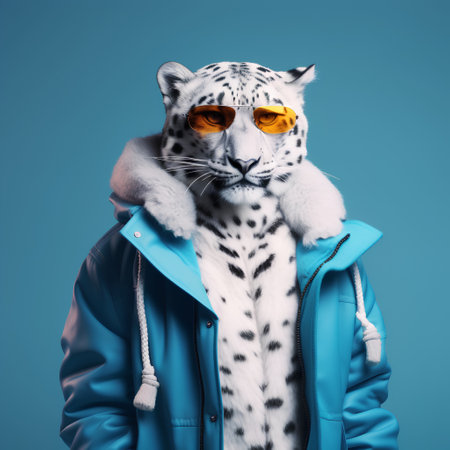 Fashion portrait of a snow leopard in blue jacket and sunglasses.の素材