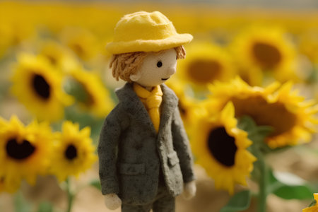 Little scarecrow in a sunflower field. Selective focus.の素材