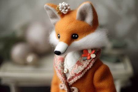 Cute little fox with christmas decoration on table indoors, closeupの素材