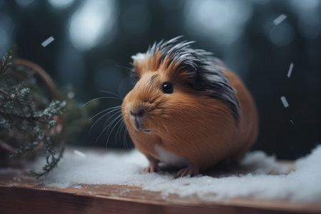 guinea pig in snow with christmas tree and bokeh backgroundの素材