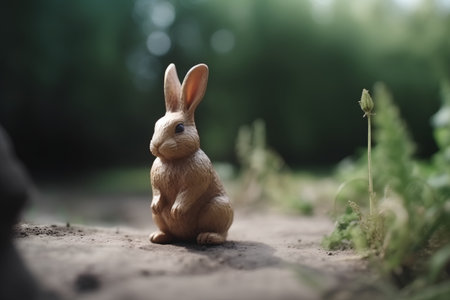 Rabbit sitting on the ground in the garden, shallow depth of fieldの素材